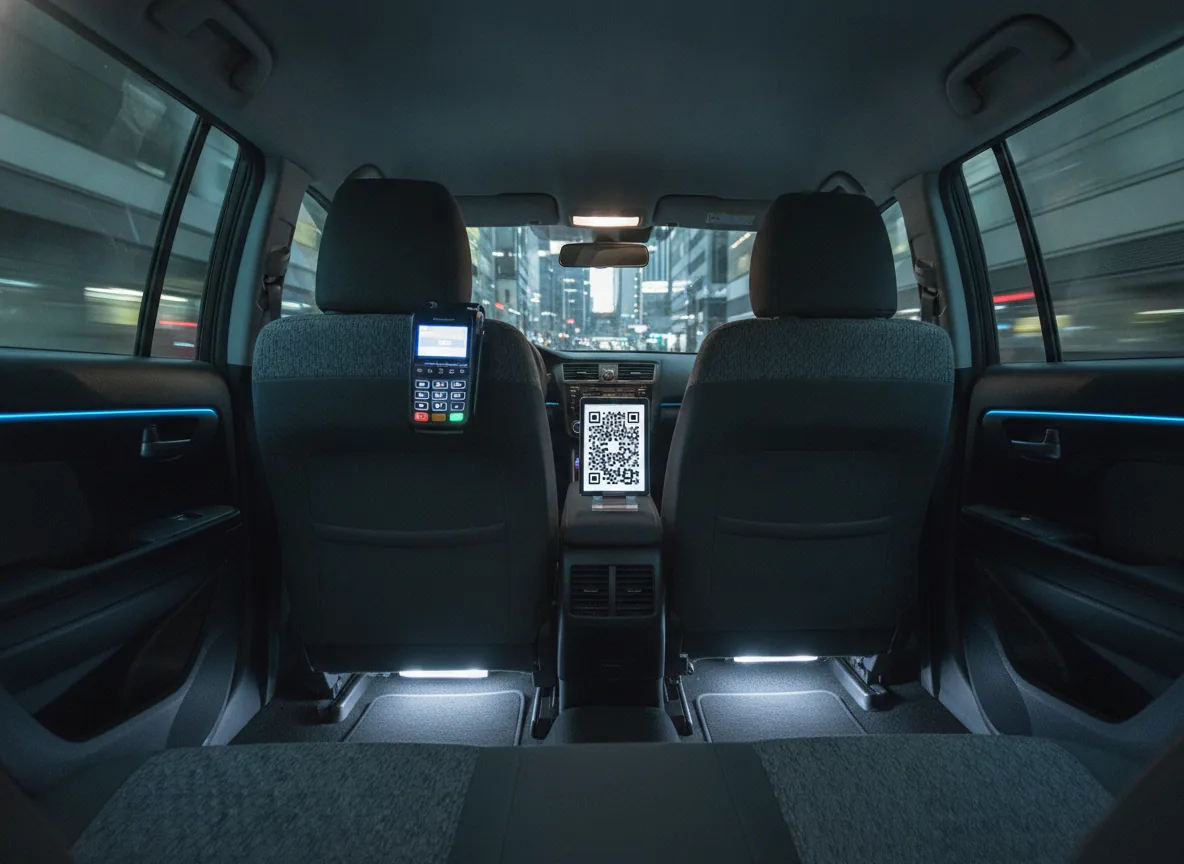 Professional real photo of a modern taxi interior